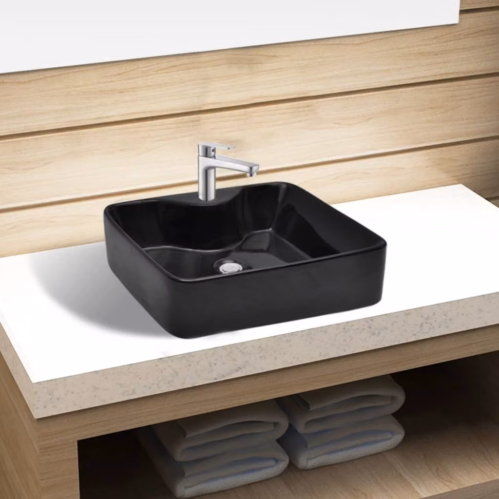 Lavabo in Vetroceramica con foro per rubinetto nero quadrato