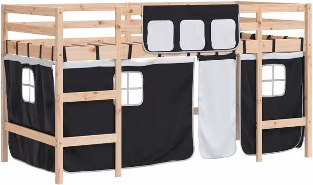 Letto a Soppalco con Tende Bambini | Letto Infantile | Lettino Bianco e Nero 80x200 cm Pino