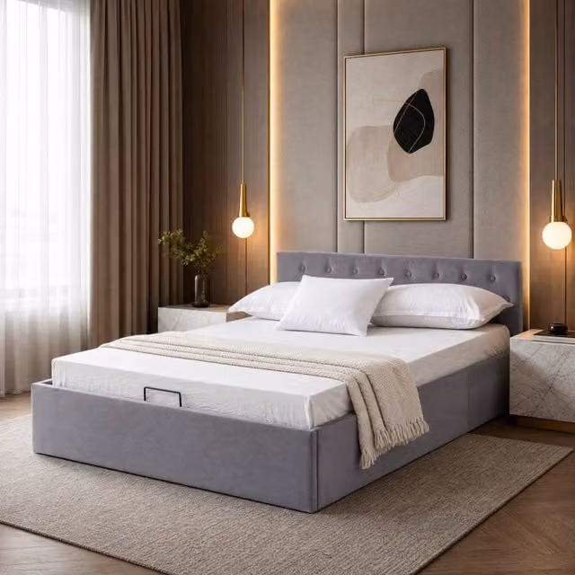 Letto imbottito in velluto grigio 140x200 cm con testiera capitonn茅 e contenitore idraulico