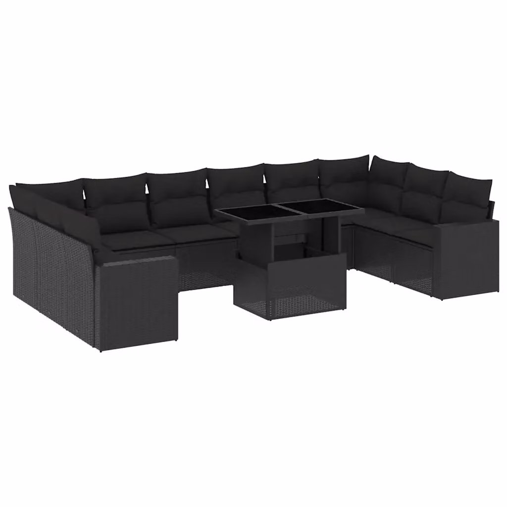 Set di Divani da Giardino vidaXL a Forma di U con 11 Pezzi, Colore Nero, con Cuscini e Tavolino da Esterno in Polyrattan e Metallo – 2