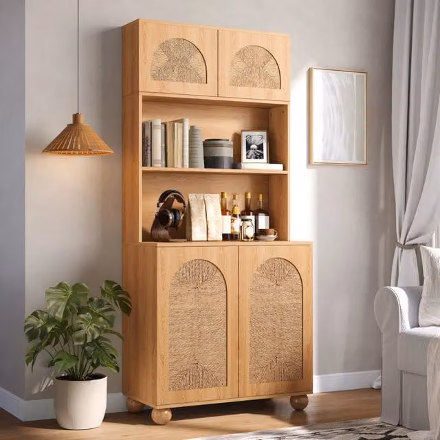 Armadio contenitore a tre sezioni con 4 ante vano aperto e ripiano regolabile naturale 80 × 40 × 180 cm