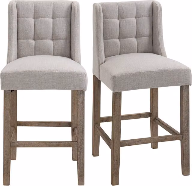 Set di 2 sgabelli da bar con schienale, trapuntatura a bottoni, in legno massello, con poggiapiedi incluso, 47 cm x 50 cm x 101 cm, grigio + naturale