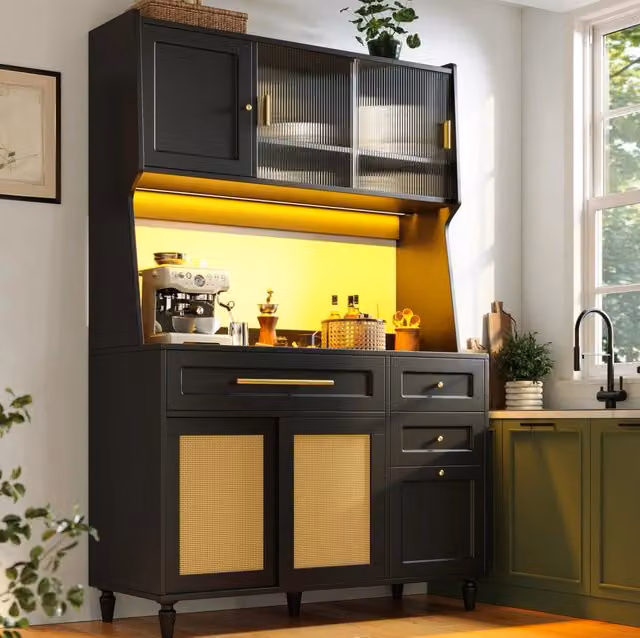 Mobile alto da cucina ULEVR 120x45x195,5 cm con 3 cassetti, ante scorrevoli e LED controllabile via app, nero
