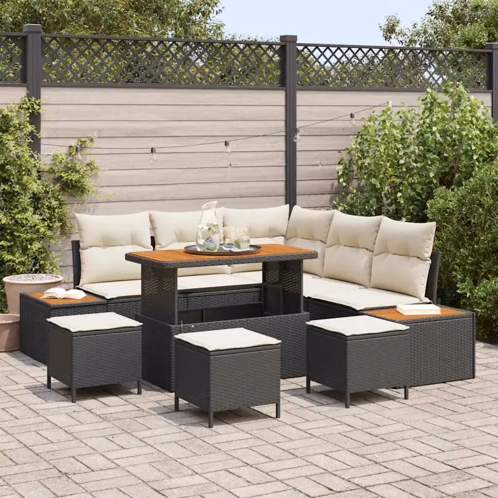 Set Divano da Giardino vidaXL a Forma di L con 9 Pezzi, Nero, con Cuscini e Tavolino, in Rattan e Metallo – 1