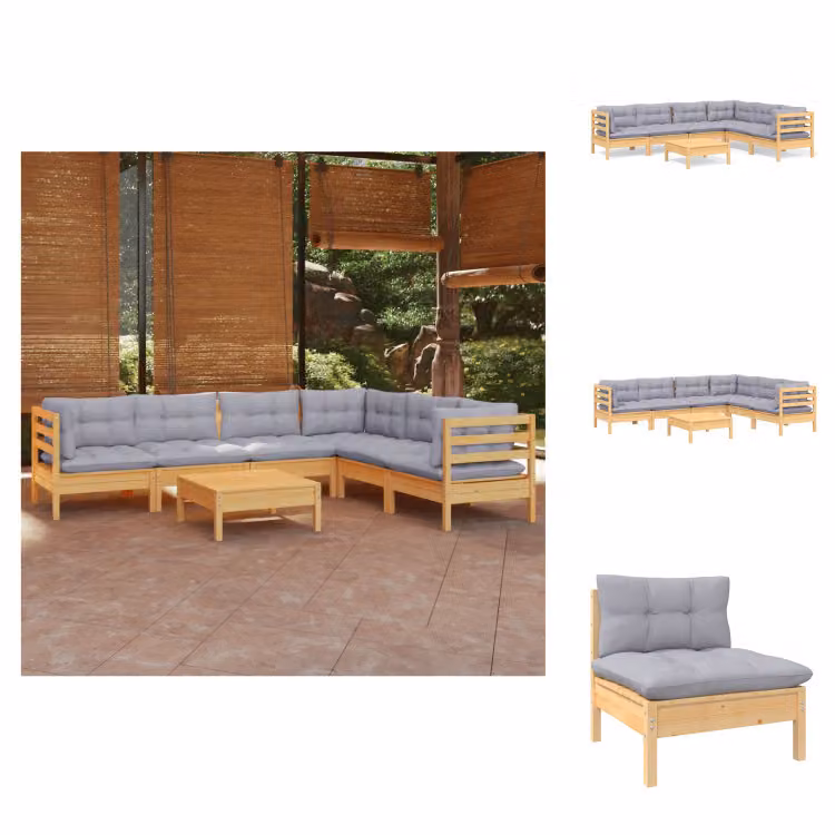 vidaXL Set di 7 pezzi da giardino con cuscini grigi in pino massiccio - Set di mobili da giardino