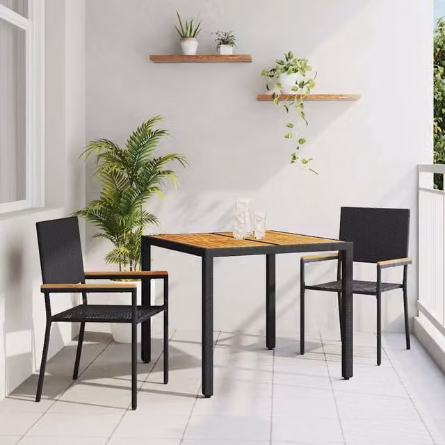 Set da pranzo per giardino e terrazzo vidaXL in polyrattan nero e marrone con tavolo in legno di acacia