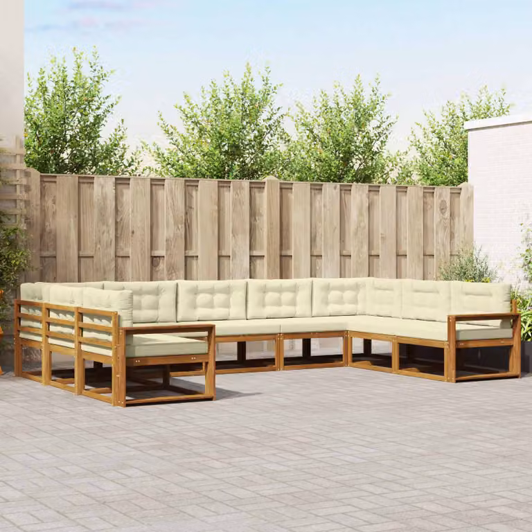 Set di divani da esterno a L vidaXL in legno di acacia con cuscini, 9 pezzi, Beige e Bianco