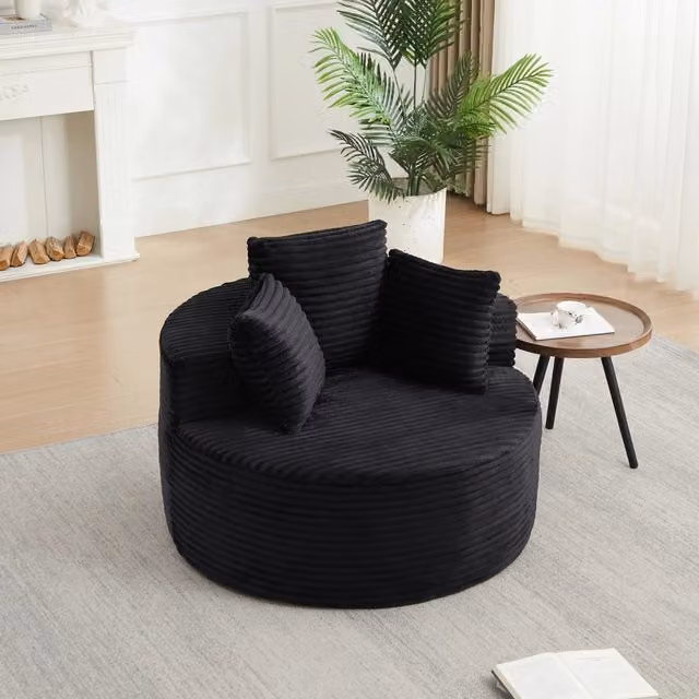 Poltrona lounge rotonda con 3 cuscini in velluto a coste nero