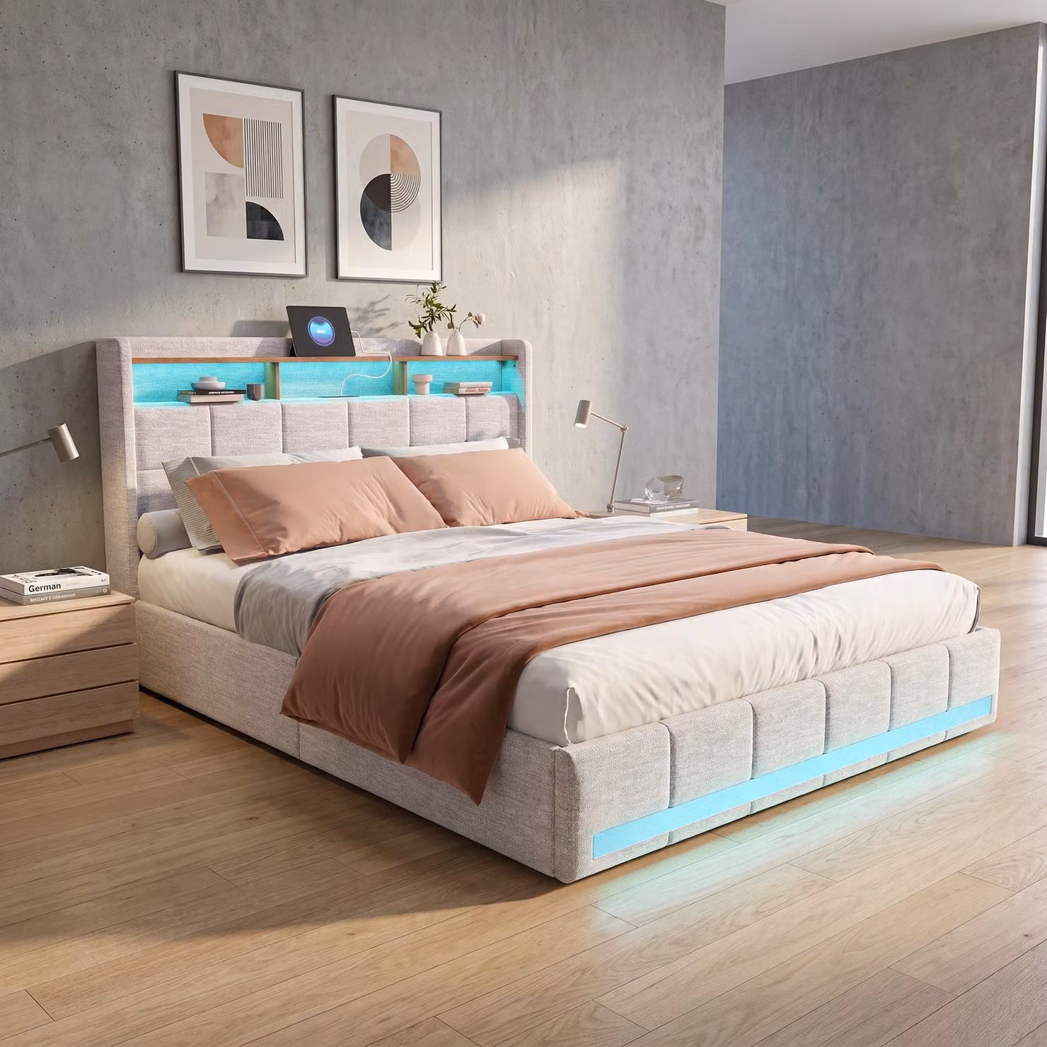 Letto imbottito INONEFT, 180x200 cm, con spazio contenitore, letto per ragazzi con 4 cassetti, prese USB e di tipo-C, letto matrimoniale con rete a doghe e illuminazione LED, colore: lino, beige