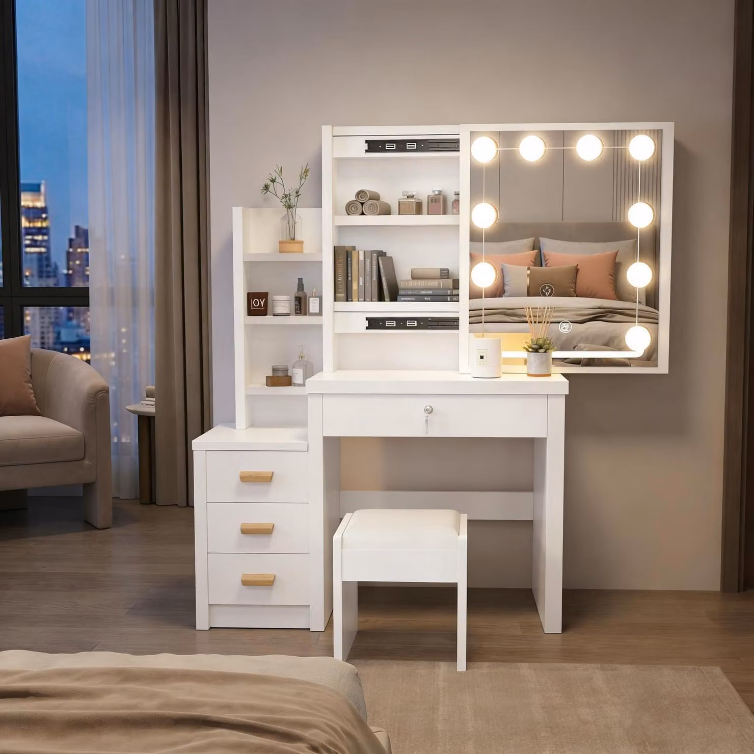 Comò da trucco con sgabello e 10 luci LED, 4 cassetti, bianco, 80x36x135 cm