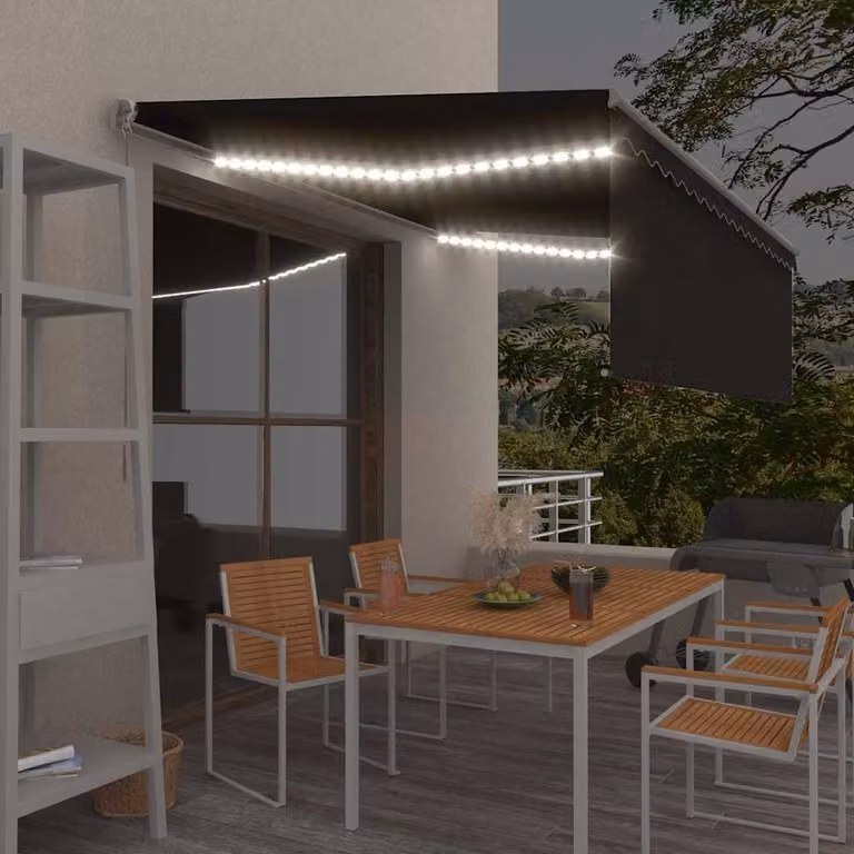 vidaXL Tenda da Sole Retrattile Manuale con LED in Poliestere e Alluminio, L: 400 cm, P: 300 cm, Colore Antracite