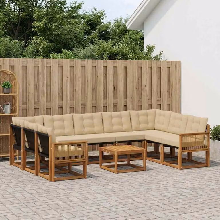 Set di divani da esterno vidaXL 10 pezzi in legno di acacia con tavolo da caffè, colore beige e marrone