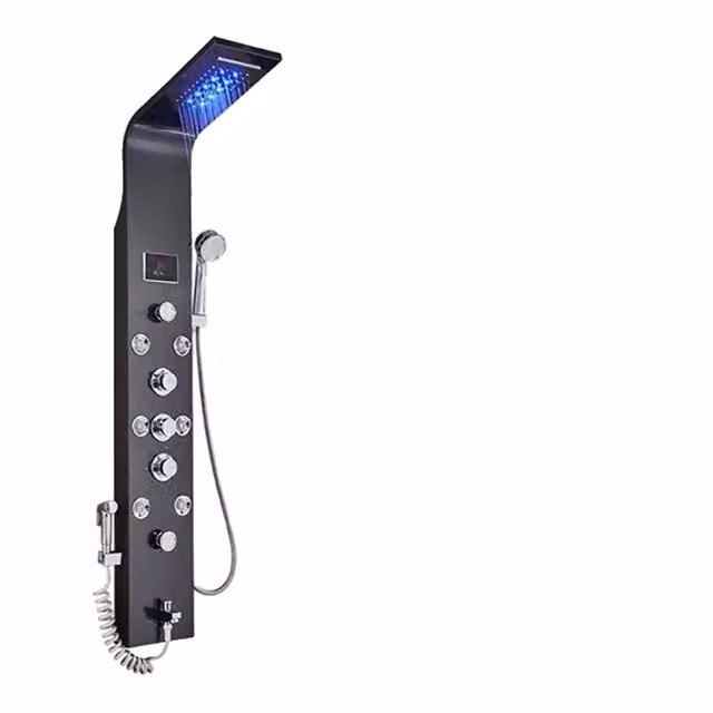 Pannello doccia a LED, design a cascata, spruzzatore per massaggio spa, colore nero 8009