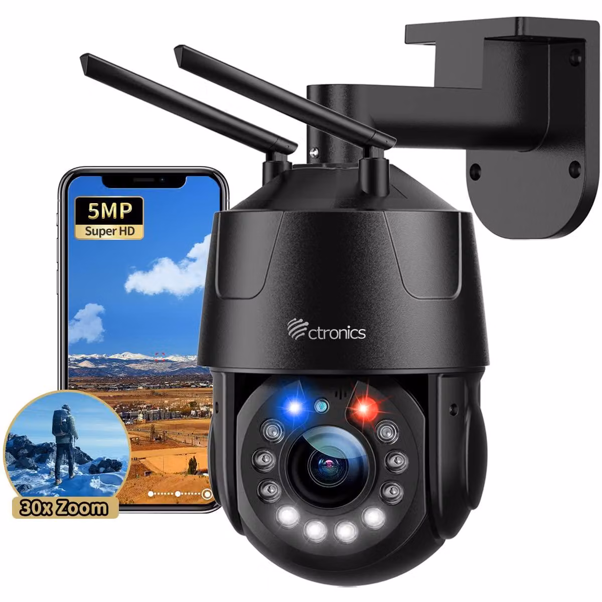 Telecamera esterna - Wi-Fi - 5 MP, zoom 30x - Visione notturna a 150 metri - Colore: nero