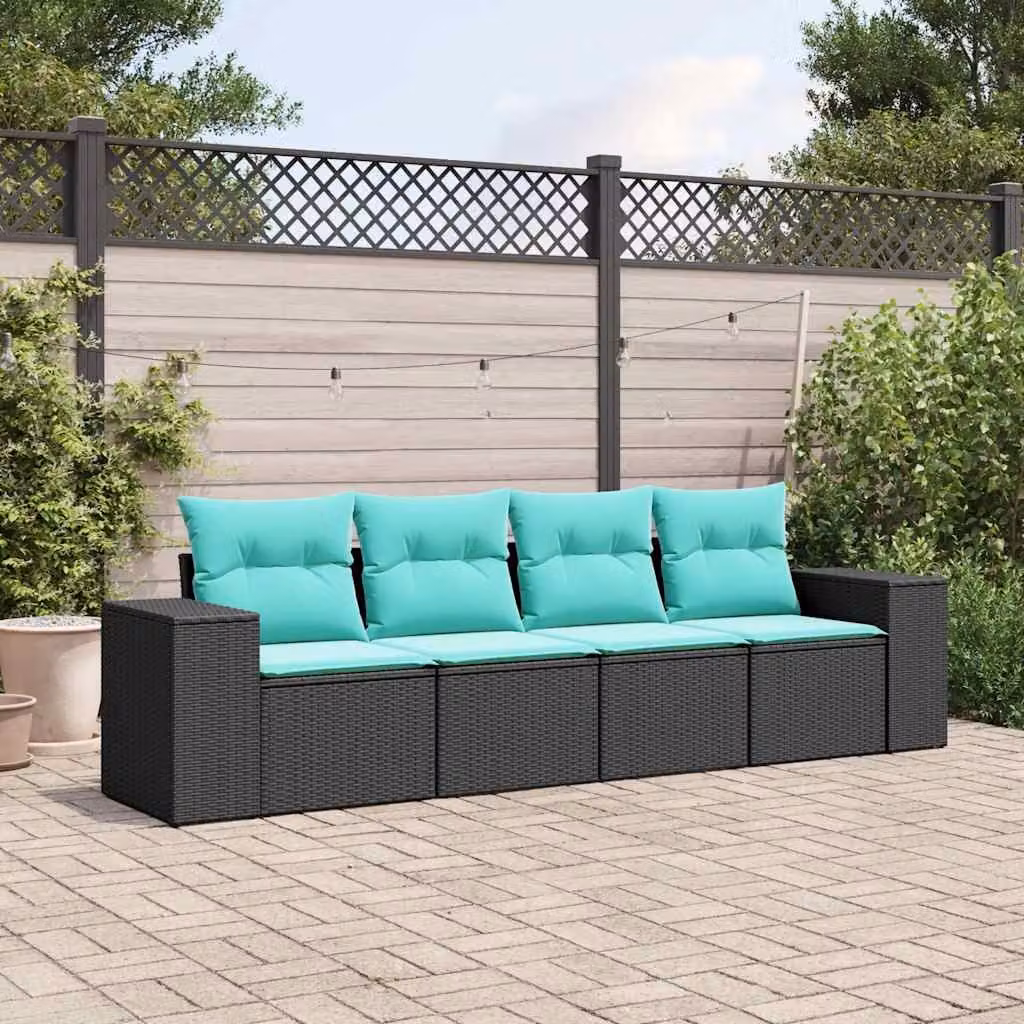 Set di divani da giardino vidaXL in rattan e metallo con cuscini inclusi, nero e blu