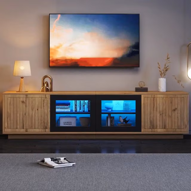 Mobile TV moderno WISHDOR con illuminazione LED integrata, ante in vetro e finitura opaca, colori beige, marrone e nero, L: 180 cm, P: 40 cm, H: 45 cm