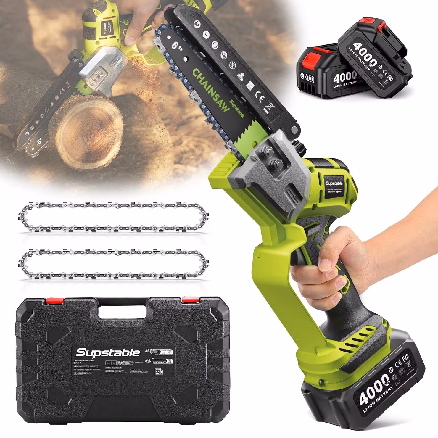 Troncatrice a batteria - Troncatrice manuale - Lame da 15 cm - Motore brushless - Lubrificazione automatica della catena - Tensione della catena regolabile senza utensili - 20 V - 2 batterie da 3,0 Ah