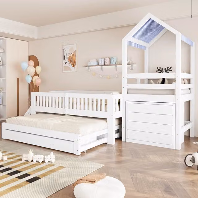 Letto a casetta 90x200 cm con letto estraibile; scala laterale e contenitore in legno bianco