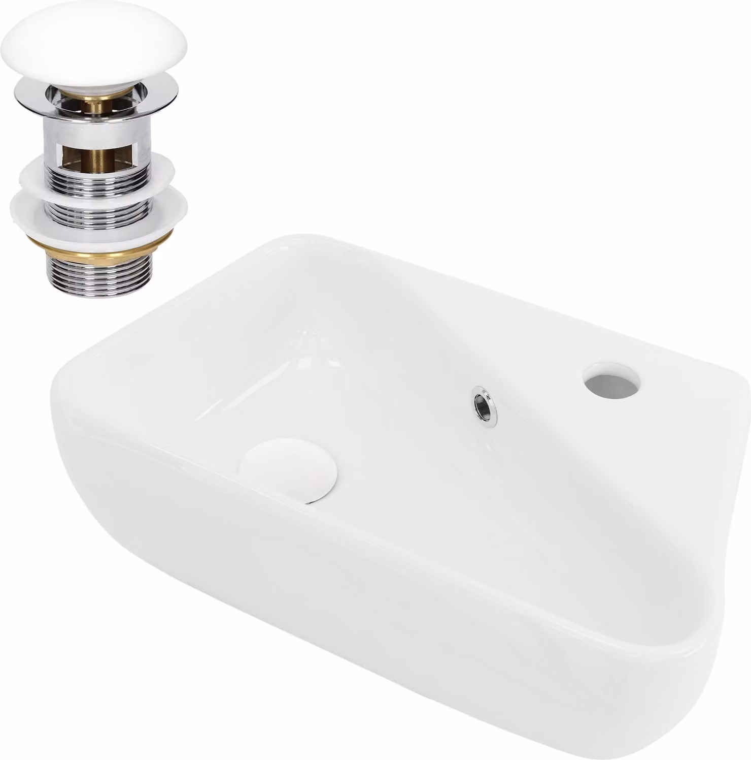 LuxeBath Lavabo da appoggio Angolare, 45x27x13 cm, bianco, Vetroceramica, foro per rubinetto a destra, incluso set di scarico con troppopieno