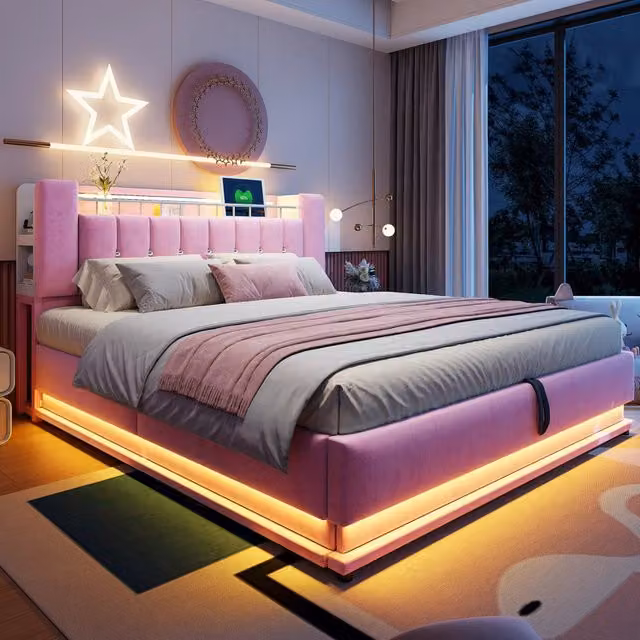 Letto contenitore matrimoniale 180×200 cm con LED, USB e vano idraulico, senza materasso, in velluto rosa