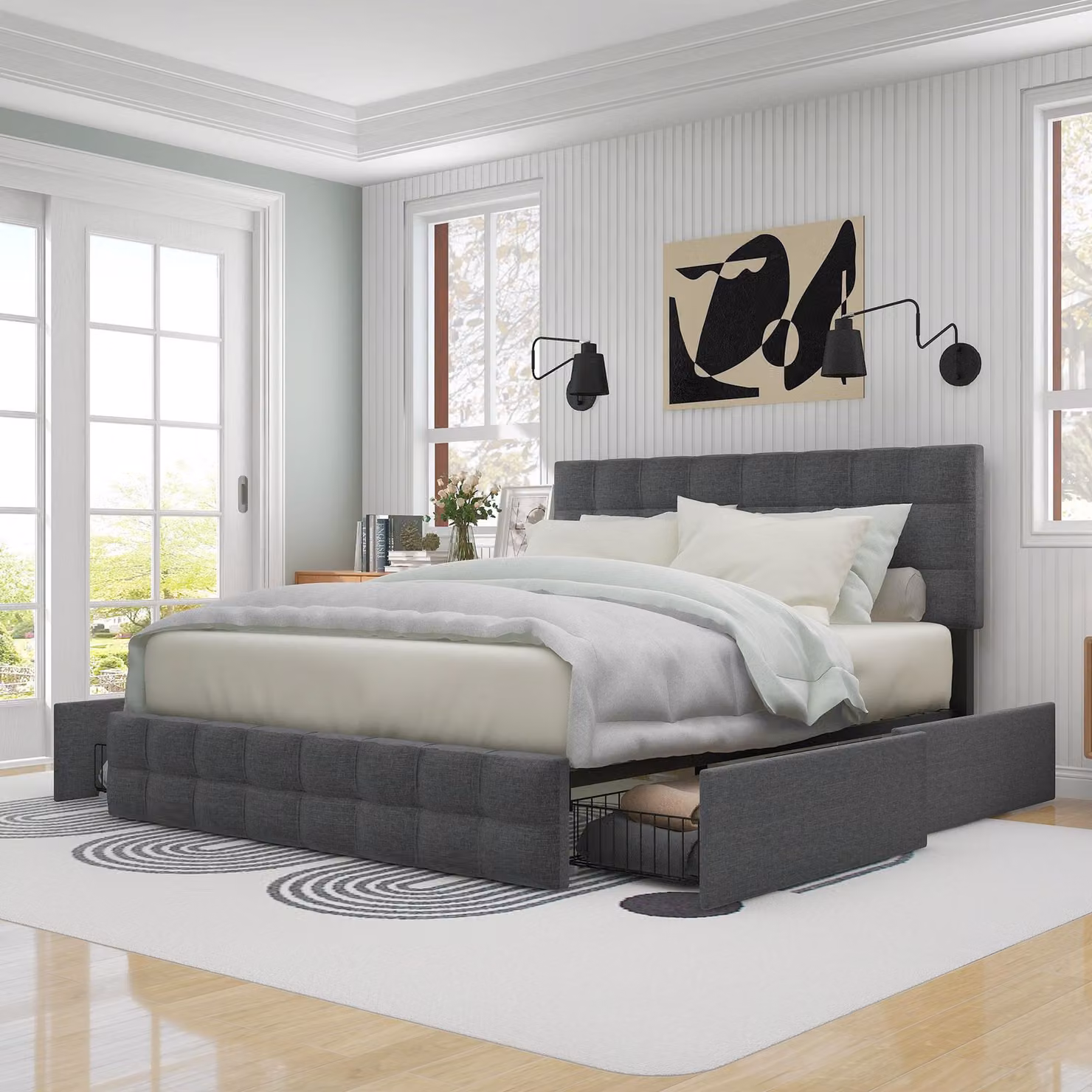 Letto imbottito con 4 cassetti, letto matrimoniale con rete a doghe, letto contenitore, poggiatesta regolabile in altezza, supporto per rete a doghe in metallo, tessuto in lino (140*200 cm)
