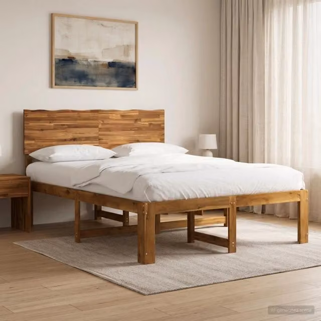 Letto matrimoniale moderno vidaXL in legno di acacia naturale con testiera, colore marrone, L/P/H: 140 x 190 x 101 cm – 1