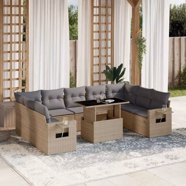 Set Divano da Giardino 10 Pezzi vidaXL in Polyrattan con Cuscini Beige e Tavolino