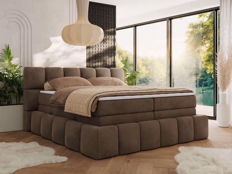 Letto a molle MKS MEBLE 200 x 200 con rete NIRA KING, letto imbottito con materasso multitasche a 7 zone e topper, letto matrimoniale - Velluto marrone - H3