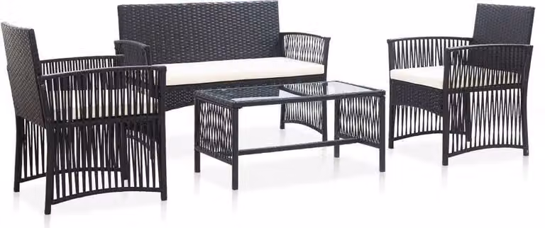 The Living Store Set da giardino 4 pezzi con cuscino in poly rattan nero