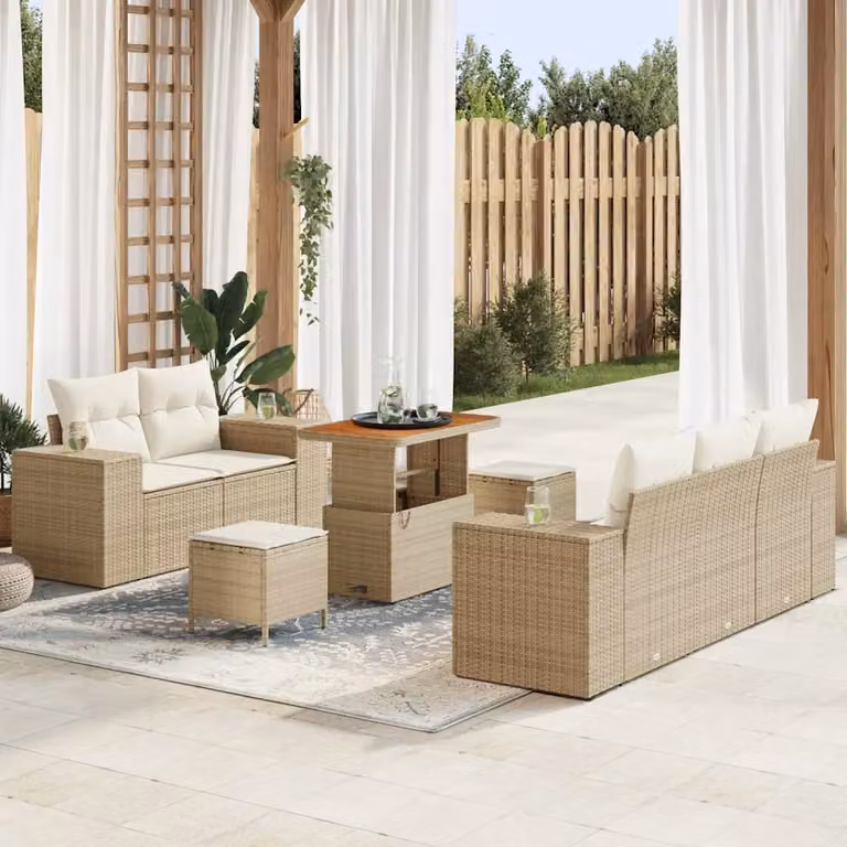 Set Divano da Giardino vidaXL 8 Pezzi in Polyrattan Beige con Cuscini e Tavolino da Esterno