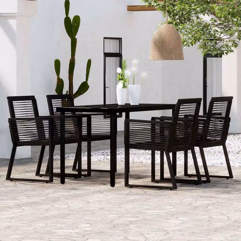 Set da pranzo da giardino moderno vidaXL in 5 pezzi nero con tavolo in vetro e sedie in metallo e rattan