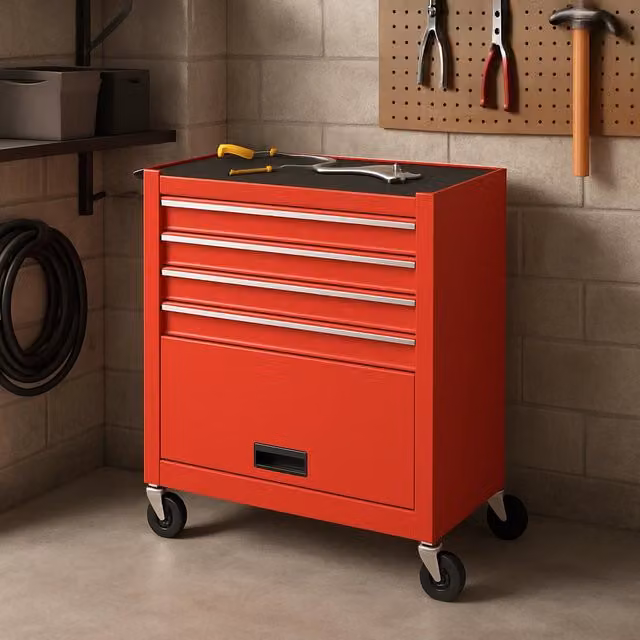 Carrello portautensili in acciaio DANYX SRL con 4 cassetti e vano porta attrezzi, colore rosso, L: 74,5 cm, P: 61,5 cm, H: 33 cm