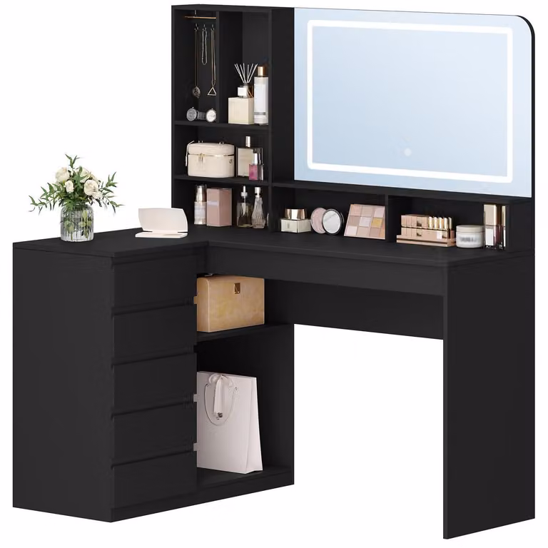 Comò angolare a forma di L, con ampio specchio e illuminazione a LED, 5 cassetti, 7 vani a giorno, colore nero