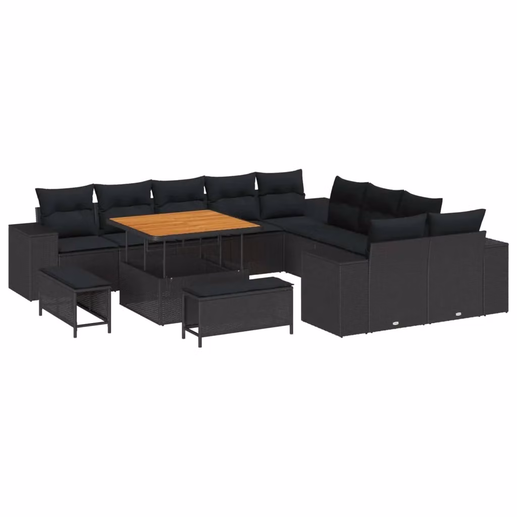 Set Divano da Giardino a Forma a U vidaXL in Polyrattan Nero con 13 Pezzi, Tavolino e Cuscini Inclusi – 2