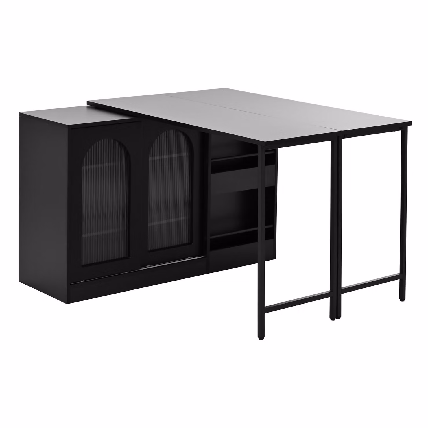 Tavolino da bar, allungabile, girevole a 360°, con vano portaoggetti, tavolino da bar reversibile con ante in vetro, tavolino da bar per cucina o angolo caffè, nero, nero, MDF