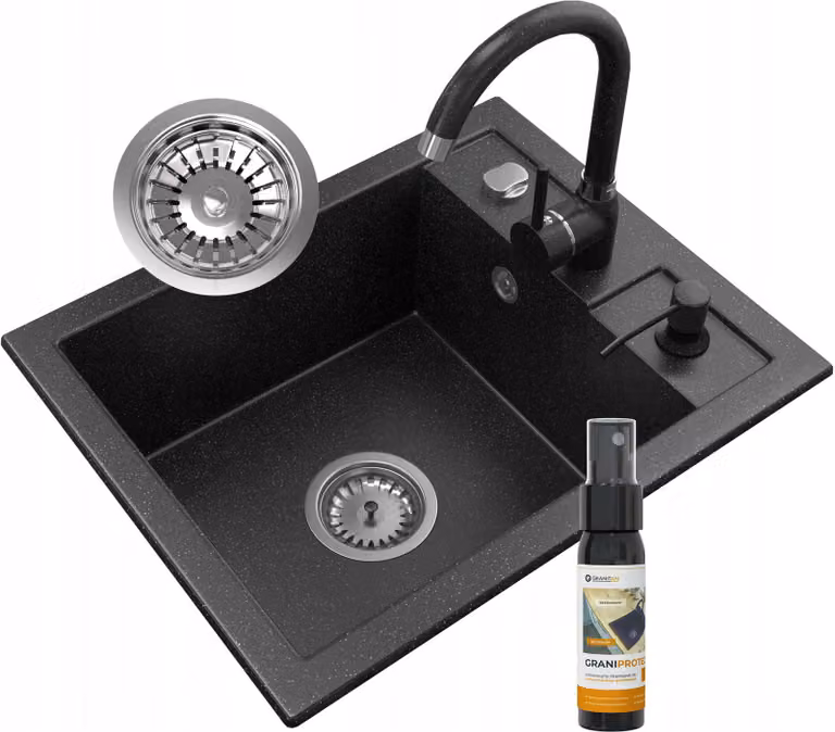 Granitan - Lavello in granito - Lavello da cucina - Lavello 50x40 cm - Nero - con rubinetteria - Lavello - BEST