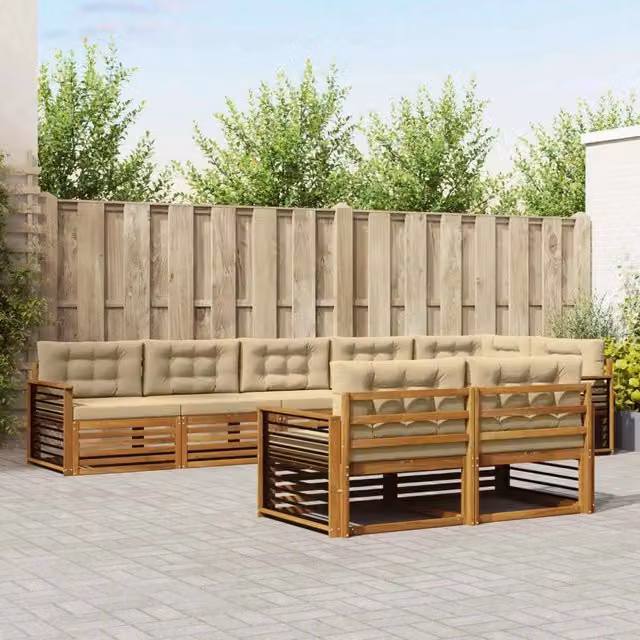 Set di divani da esterno a L vidaXL in legno di acacia con cuscini, Beige e Marrone
