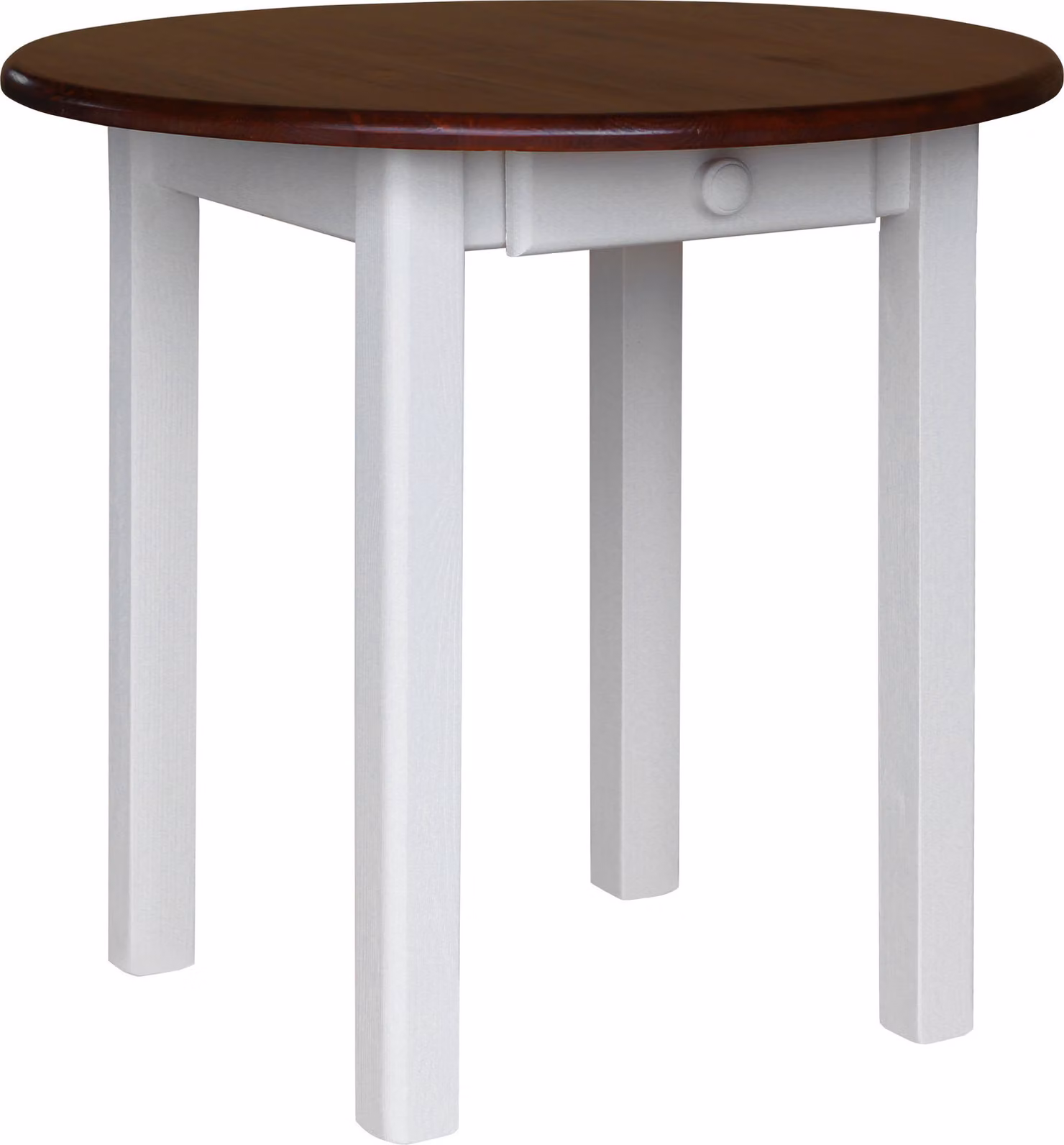 Tavolo rotondo bianco con cassetto in legno di pino massiccio con piano in colore Calvados 90 cm