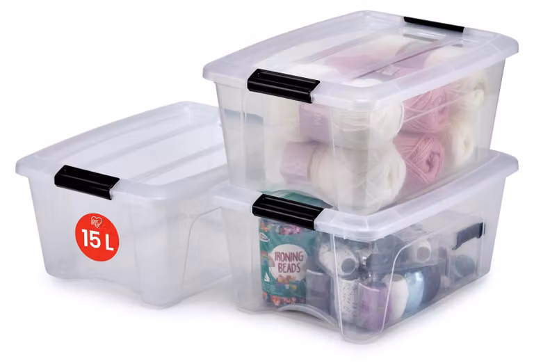 Contenitori di stoccaggio Iris Ohyama con coperchio, capacità 15 litri, set da 3, trasparenti, con sistema di chiusura sicuro