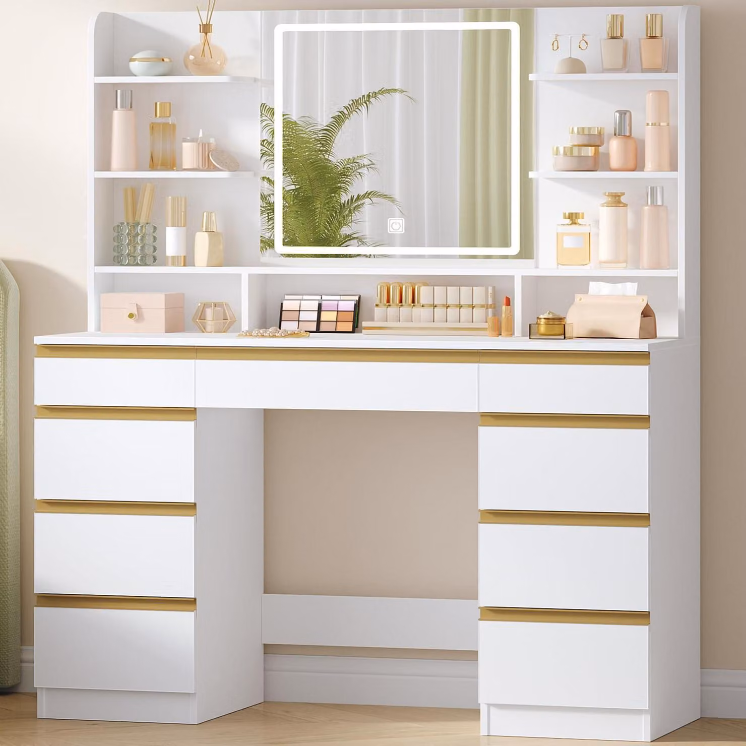 Comò da trucco con illuminazione a LED, 3 colori, regolazione della luminosità, specchio, 9 cassetti, 9 ripiani aperti, bianco e oro
