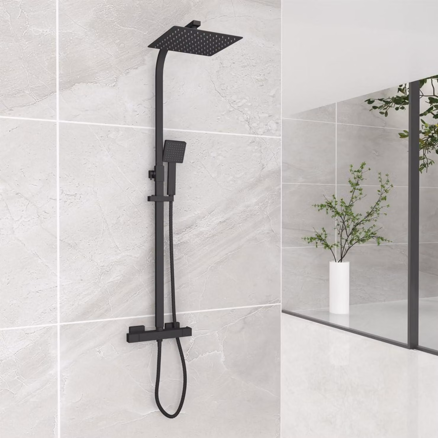 Sistema doccia con termostato, colore nero, soffione quadrato da 245 mm, colonna doccia in acciaio inossidabile con tubo flessibile da 150 cm