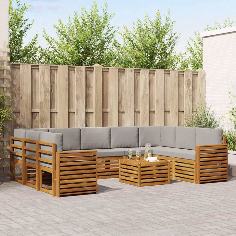 Set di divani da esterno vidaXL a forma di L in legno di acacia con cuscini e tavolino, Naturale e Grigio Chiaro