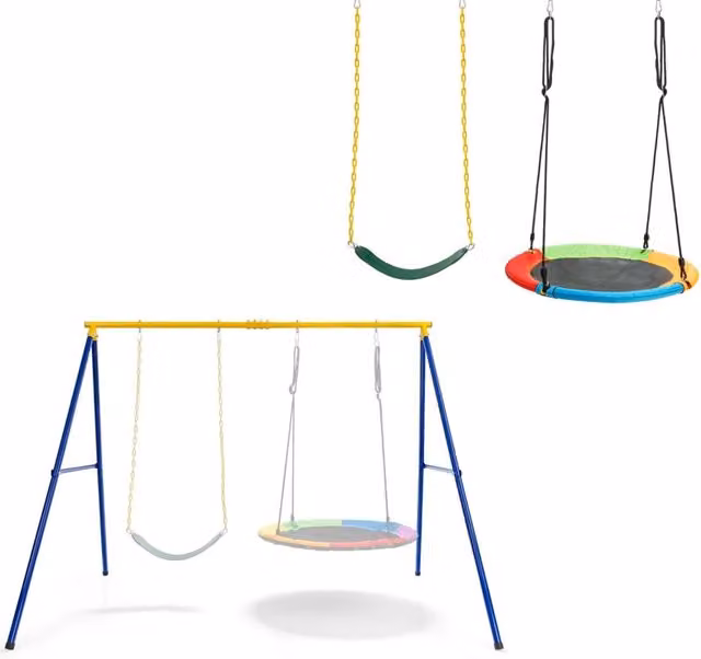 Struttura a forma di A in acciaio con set di 2 altalene per bambini, modello multicolore con altalena elastica e a disco volante, H: 249 cm, L: 185 cm, P: 181,5 cm – 1