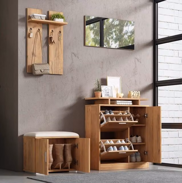 Set guardaroba da ingresso 140x35x133 cm naturale in pannello truciolare, panca e specchio