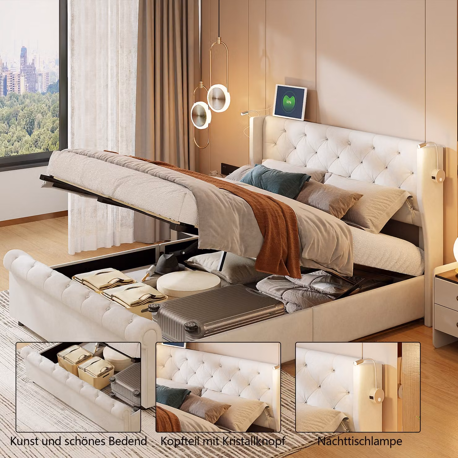 Letto imbottito ProximaX 160x200cm con rete a doghe, letto a molle idrauliche con USB e luce di lettura, letto contenitore letto matrimoniale, velluto, beige