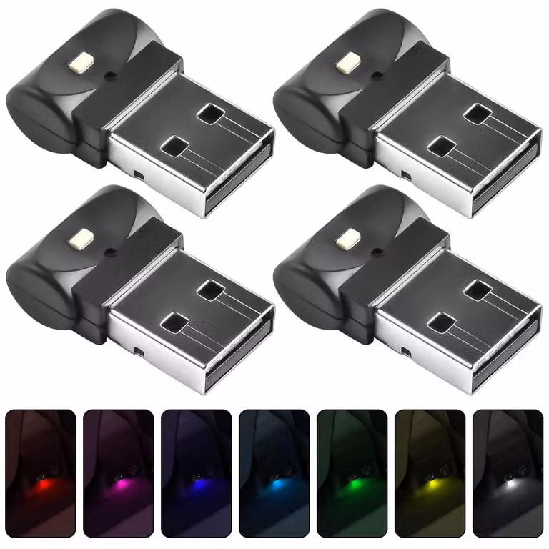 Illuminazione LED interna USB, set di 4 mini luci, 6 colori regolabili, luce d'ambiente per auto, laptop, power bank