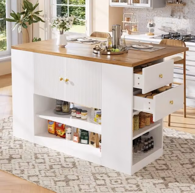 Isola cucina ULEVR 140x70x90 cm con piano ribaltabile, 2 ante, cassetti e ripiani, bianca