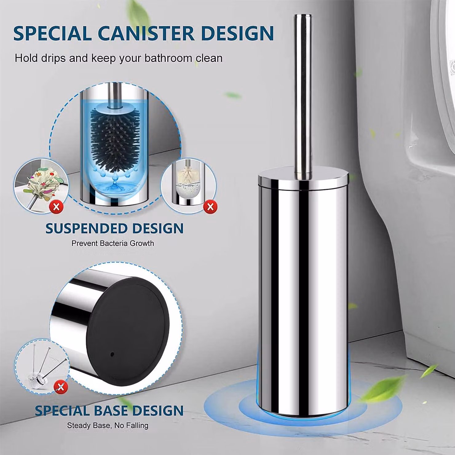 Spazzolino per WC, spazzolino in silicone per WC con supporto, manico in acciaio inossidabile, per il bagno