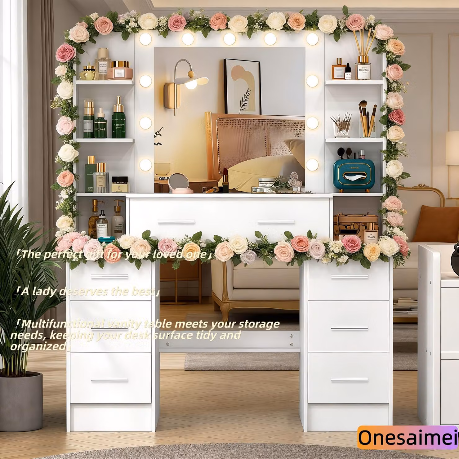 Comò con specchio a LED, bianco - 3 modalità di colore, luminosità regolabile - legno - design moderno e minimalista - mobile per la camera da letto