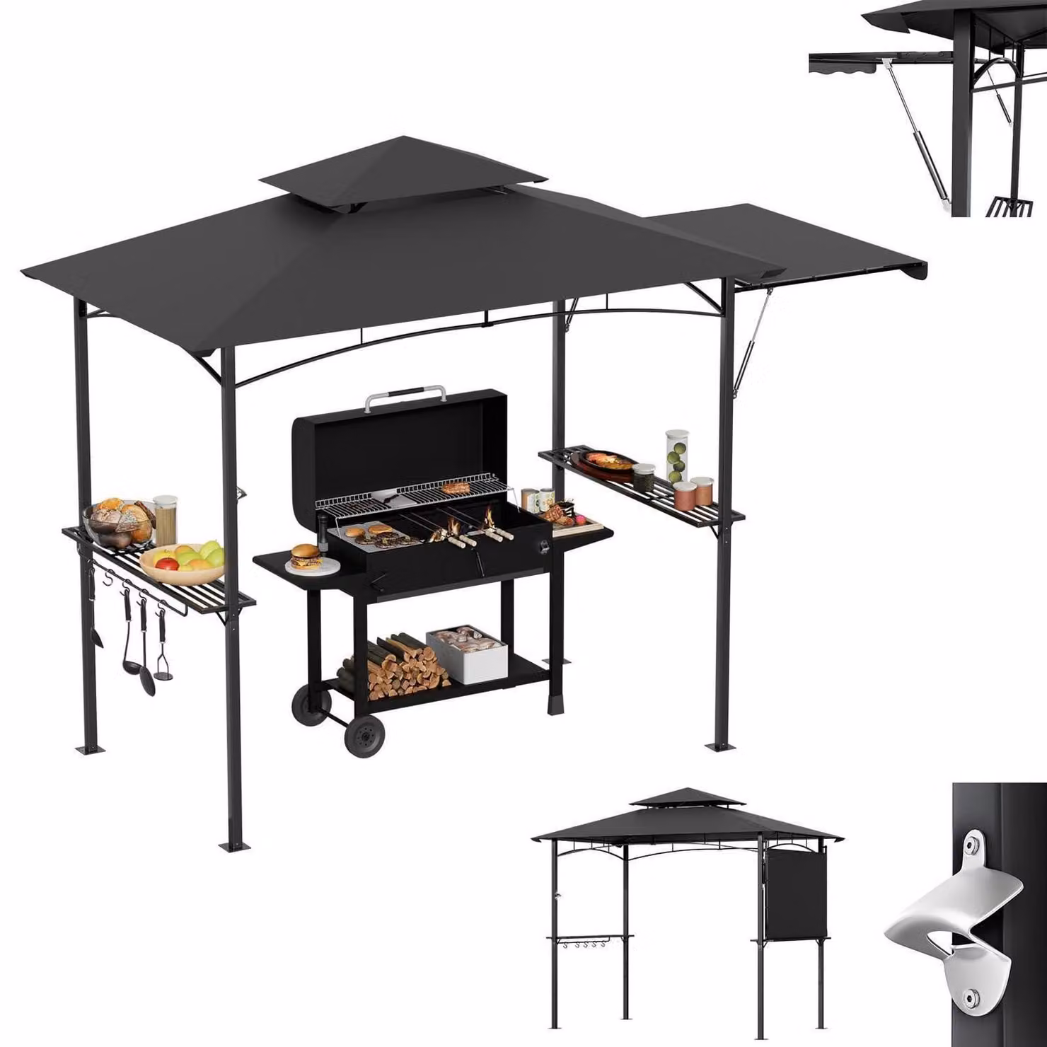 Gazebo per barbecue con tenda laterale, tetto a doppia falda, resistente alle intemperie, colore grigio, dotato di ripiani e ganci